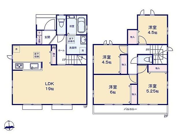 【4LDK】◇19帖の開放的なLDK!空間にゆとりありご家族みんなでお寛ぎいただけます♪◇食品ストックもしっかり収納できるキッチンパントリー♪◇生活リズムに自然とメリハリが生まれる2階にお部屋をまとめたプラン♪
