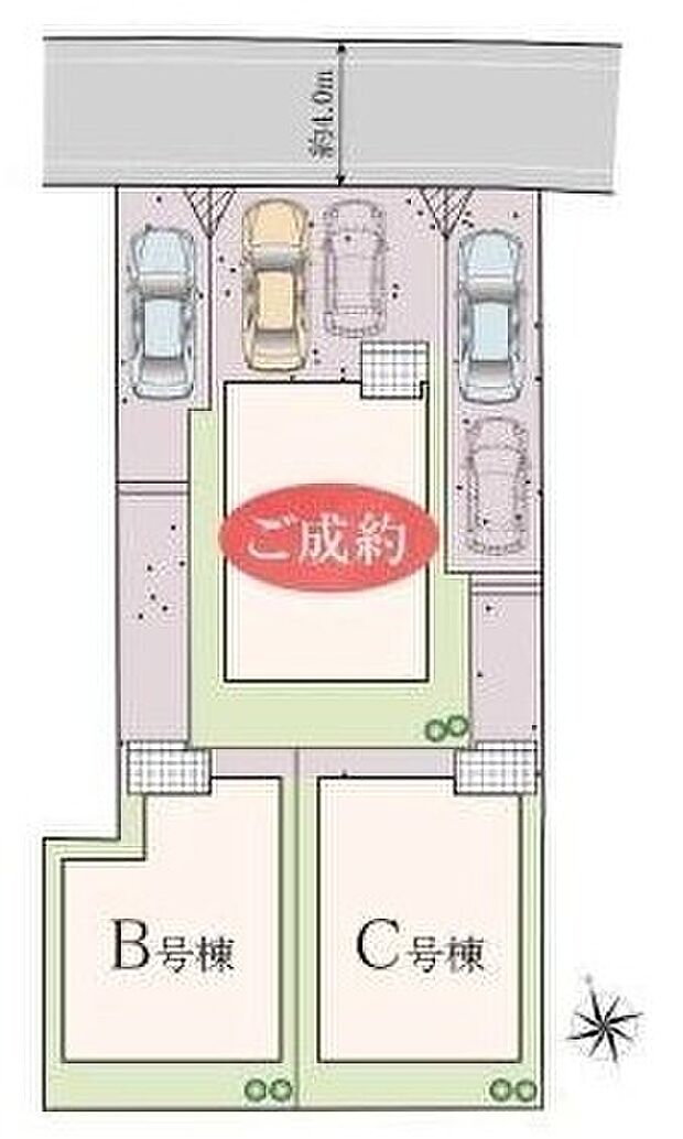 【区画図】前面道路は車通りが多くないので、お車の出し入れもラクラクです♪嬉しいコンクリート仕上げのカースペース。雨の日も足元を気にせず外出できます。