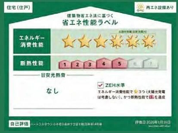 【省エネ性能ラベル】こちらの物件はZEH水準を満たした、省エネ性能に優れた物件です。 光熱費を抑えて暮らすことができるだけでなく、「熱の入りにくさ・逃げにくさ」という観点でも影響を受けにくい建物のため、長く快適にお過ごしいただけます♪ ※本ラベルは特定の住戸の性能を示すものであり、全ての住戸の性能を示すものではありません。
