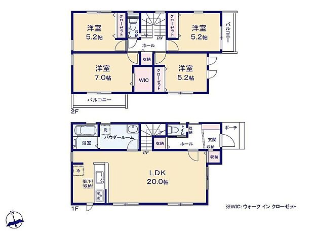 【4LDK】2階に居室をまとめてプライベートの時間も充実♪
全室フローリングでインテリアに統一感が生まれます☆
広めの洗面室は朝の混み合う時間帯も便利◎
衣替えがラクになるWIC付きです！