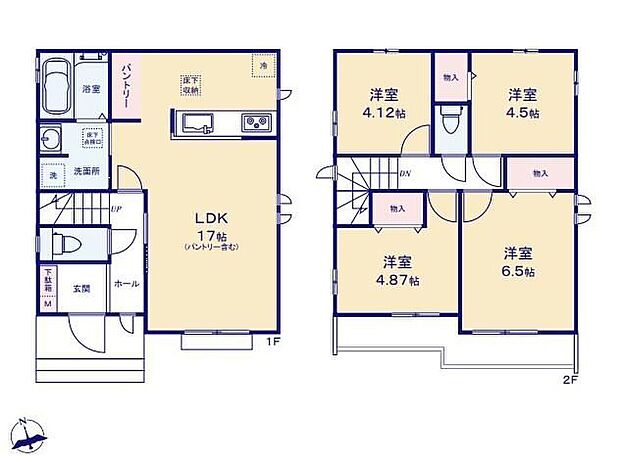 【4LDK】◇食料品のストックや大型の調理器具の収納に便利なパントリー付き♪◇洋室を2階に集約し、プライバシーにも配慮した間取りプラン♪◇水回り集中設計で家事導線がらくらくです♪