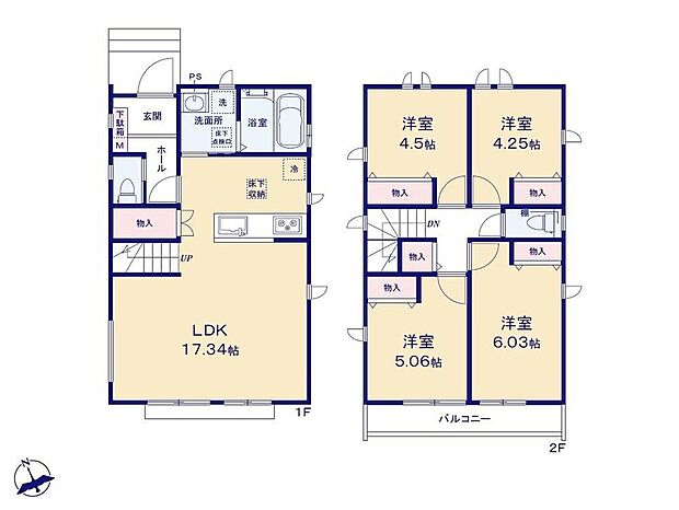 【4LDK】◆水周り集中設計で家事動線がスムーズです◎◆リビングイン階段でご家族のコミュニケーションが増える間取り♪◆全居室収納完備でお部屋を広々とお使いいただけます！