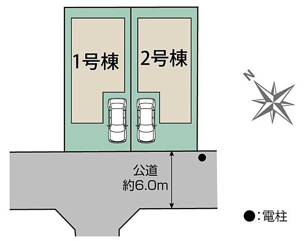 【全体区画図】前道が6ｍあるので、車庫入れが苦手な方でも安心して入れられます♪カースペース付き！
小中学校まで徒歩5分以内でお子様の通学にも安心◎