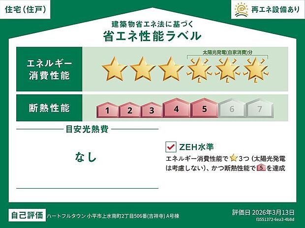 【省エネ性能ラベル】こちらの物件はZEH水準を満たした、省エネ性能に優れた物件です。 光熱費を抑えて暮らすことができるだけでなく、「熱の入りにくさ・逃げにくさ」という観点でも影響を受けにくい建物のため、長く快適にお過ごしいただけます♪ ※本ラベルは特定の住戸の性能を示すものであり、全ての住戸の性能を示すものではありません。