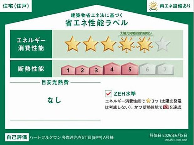 【【省エネ性能ラベル】】こちらの物件はZEH水準を満たした、省エネ性能に優れた物件です。 光熱費を抑えて暮らすことができるだけでなく、「熱の入りにくさ・逃げにくさ」という観点でも影響を受けにくい建物のため、長く快適にお過ごしいただけます♪ ※本ラベルは特定の住戸の性能を示すものであり、全ての住戸の性能を示すものではありません。