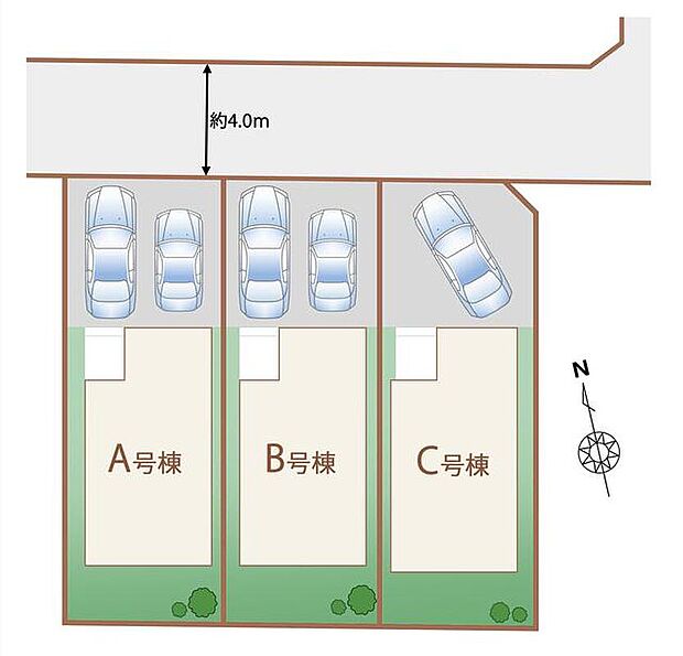 【【全体区画図】】周辺は交通量の少ない生活道路なので小さなお子様がいても安心です。
カースペース1~2台(車種制限あり)