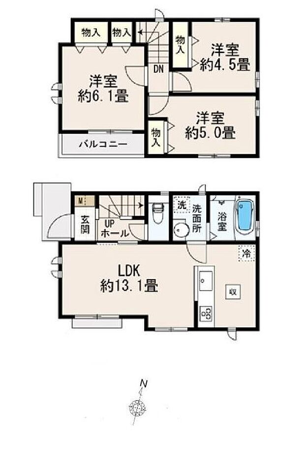 【3LDK】◇LDK13帖超☆対面式キッチン採用♪嬉しい食洗機付き♪◇水回り集中設計で家事効率アップ☆家族想いの間取です◎◇6.1帖の主寝室にはダブルクローゼットを完備☆バルコニー付き☆
