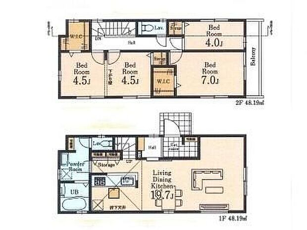 【4LDK】広々19帖超え4LDKプラン♪
こだわりの家具でコーディネイトしてみませんか？
子育てと家事を快適にする住まいは水回りの導線や豊富な収納など魅力がたくさん。住み心地の良さをぜひご体感下さい！