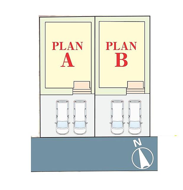 ≪全体区画図≫
南前面道路で陽当たり良好♪
駐車2台可能（車種による）！急な来客時や、ご家族の自転車スペースとしても大活躍♪