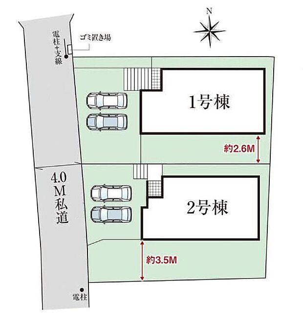 ≪全体区画図≫
駐車2台可能（車種による）！急な来客時や、ご家族の自転車スペースとしても大活躍♪