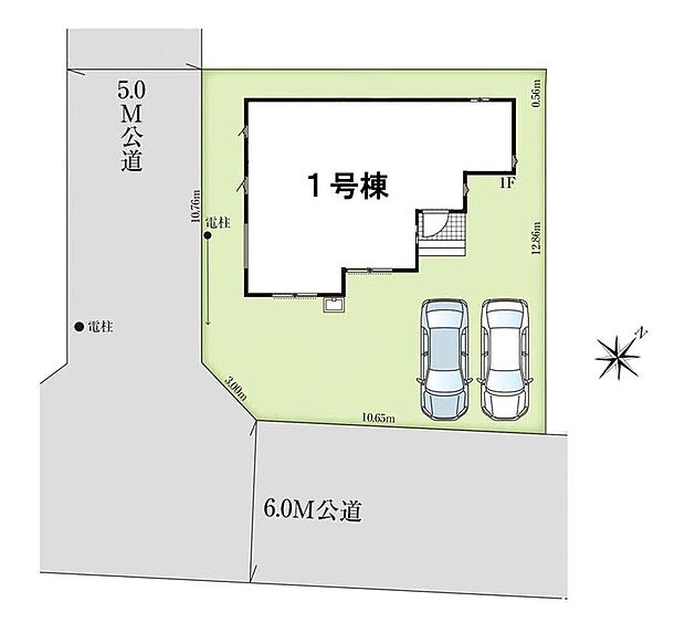 ≪全体区画図≫
開放感のある角地物件♪
駐車2台可能（車種による）！急な来客時や、ご家族の自転車スペースとしても大活躍♪