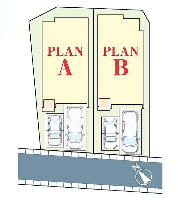 ≪全体区画図≫
駐車2台可能（車種による）！急な来客時や、ご家族の自転車スペースとしても大活躍♪
前面道路が広いので、駐車もラクラクですね！