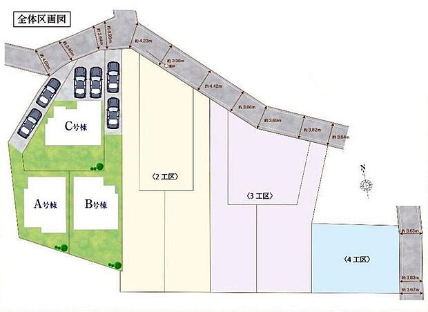 ≪全体区画図≫
全10区画の分譲地、第1工区販売開始!
駐車2台可能(車種による)!急な来客時や、ご家族の自転車スペースとしても大活躍♪