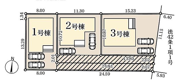 ≪全体区画図≫
駐車2台可能（車種による）！急な来客時や、ご家族の自転車スペースとしても大活躍♪