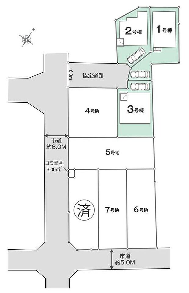 ≪全体区画図≫全8棟の分譲地、01期3棟の分譲開始です！カースペース1台分♪
