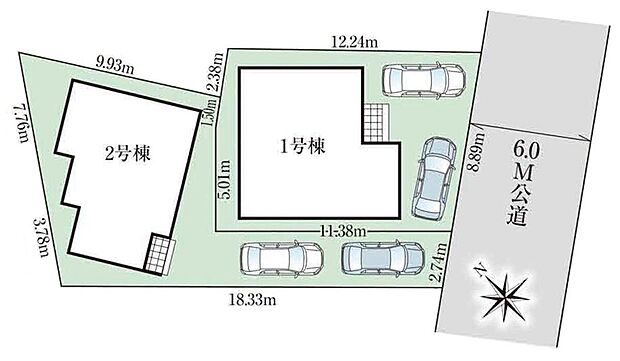 ≪全体区画図≫
駐車2台可能（車種による）！急な来客時や、ご家族の自転車スペースとしても大活躍♪
前面道路が広いので、駐車もラクラクですね！