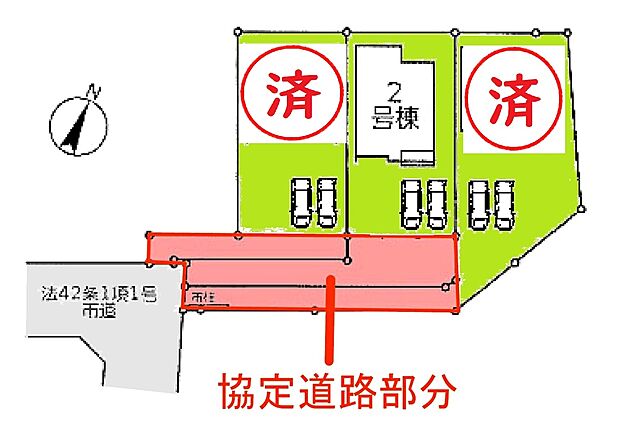 【全体区画図】駐車2台可能（車種による）！急な来客時や、ご家族の自転車スペースとしても大活躍♪