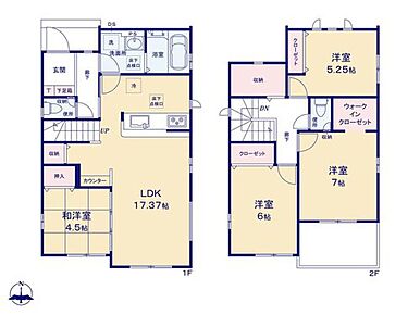 ホッとできる寛ぎの和洋室付きプラン♪
家族のコミュニケーションがとりやすいリビングイン階段！
スタディーカウンター、WIC、リビング収納、2階ホール収納あり！ 
