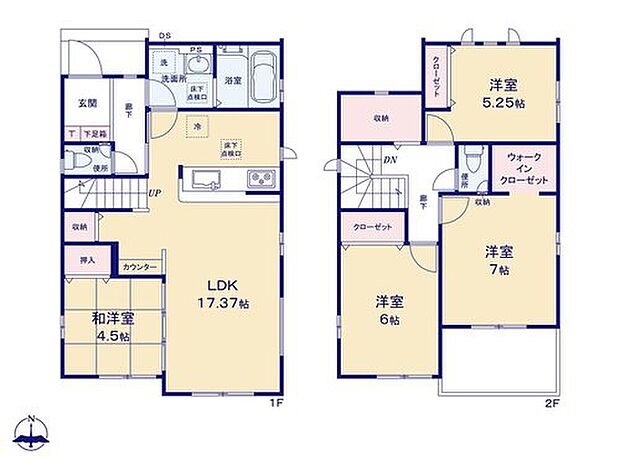 【3LDK】ホッとできる寛ぎの和洋室付きプラン♪
家族のコミュニケーションがとりやすいリビングイン階段!
スタディーカウンター、WIC、リビング収納、2階ホール収納あり!