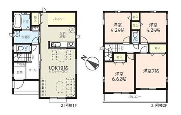 【4LDK】家事のしやすい水廻り集中設計、大型パントリー付き♪
LDKはゆとりの19帖、プライベート空間は2階に配したプランです！