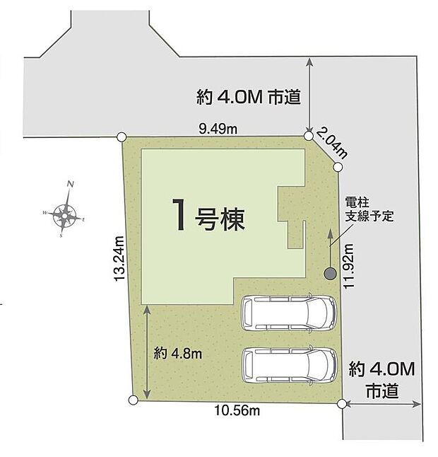 【全体区画図】≪全体区画図≫
開放感のある角地物件♪
駐車2台可能（車種による）！急な来客時や、ご家族の自転車スペースとしても大活躍♪
