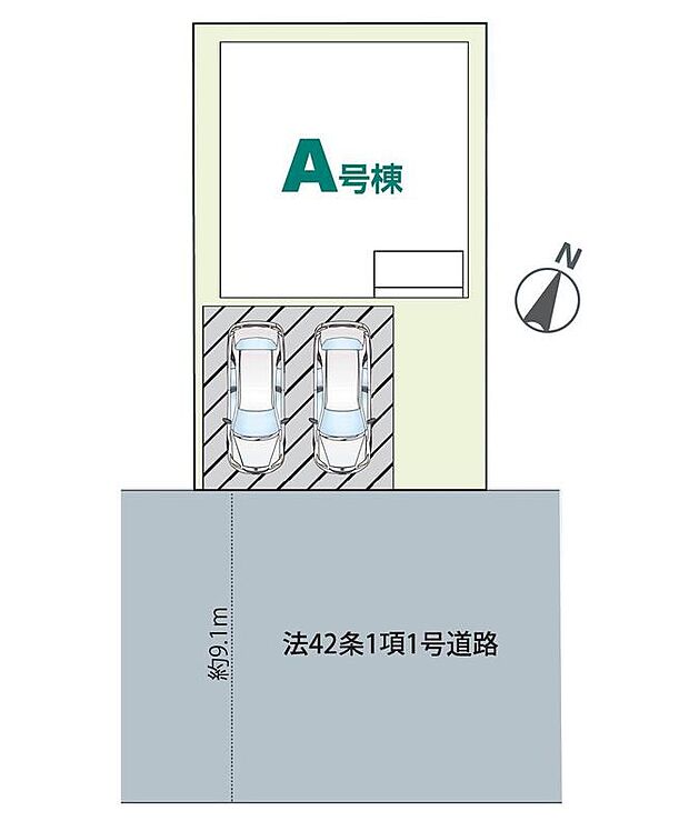 【全体区画図】駐車2台可能(車種による)!急な来客時や、ご家族の自転車スペースとしても大活躍♪
前面道路が広いので、駐車もラクラクですね!
