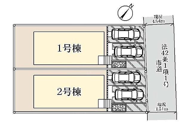 【全体区画図】駐車2台可能(車種による)!急な来客時や、ご家族の自転車スペースとしても大活躍♪