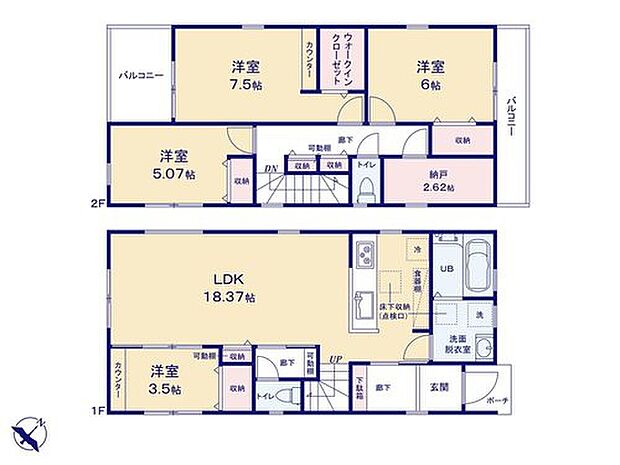 【4LDK+S】家事のしやすい水廻り集中設計、お掃除ラクラク全居室フローリングプラン♪
2階には、収納としてだけでなく在宅ワークスペースとしても便利な2.6帖の納戸付きです!