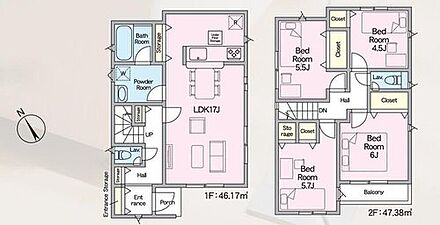 家事のしやすい水廻り集中設計、お掃除ラクラク全居室フローリングプラン♪
キッチン横と玄関に、あると便利な収納付き！ 