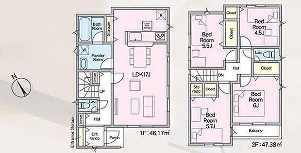 【4LDK】家事のしやすい水廻り集中設計、お掃除ラクラク全居室フローリングプラン♪
キッチン横と玄関に、あると便利な収納付き！