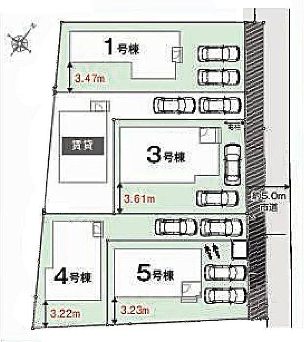 【全体区画図】駐車2台可能（車種による）！急な来客時や、ご家族の自転車スペースとしても大活躍♪
