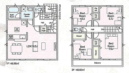 1階は家族でゆったりお過ごしいただける19.5帖のLDK、プライベート空間は2階に配したプランです♪
家事のしやすい水廻り集中設計！ 