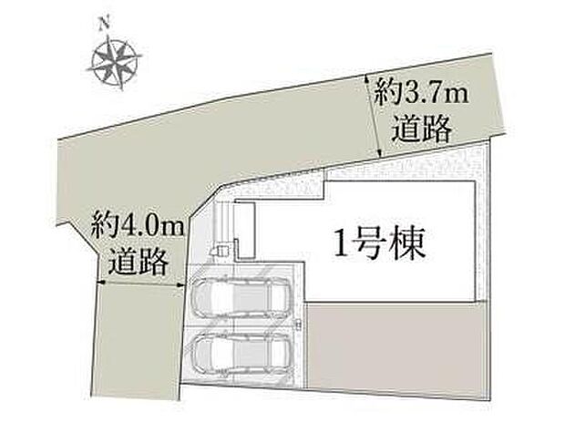 【全体区画図】明るく開放感のある角地物件♪奥行きのある南庭付！
駐車2台可能（車種による）！急な来客時や、ご家族の自転車スペースとしても大活躍♪