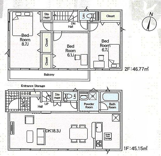 【3LDK】明るい全居室南向き!
1階は家族でゆったりお過ごしいただけるLDK、プライベート空間は2階に配したプランです♪
家事のしやすい水廻り集中設計!