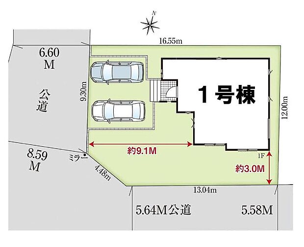 【≪全体区画図≫】明るく開放的な角地物件♪
駐車2台可能(車種による)!急な来客時や、ご家族の自転車スペースとしても大活躍♪
前面道路が広いので、駐車もラクラクですね!