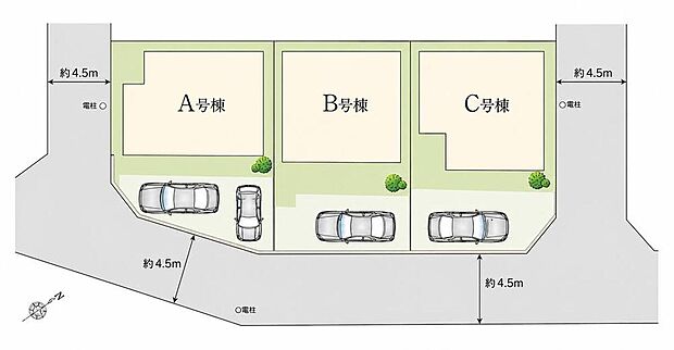 【全体区画図】駐車1～2台可能（号棟・車種による）！急な来客時や、ご家族の自転車スペースとしても大活躍♪