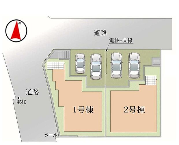 【全体区画図】駐車2台可能！急な来客時や、ご家族の自転車スペースとしても大活躍♪
前面道路が広いので、駐車もラクラクですね！