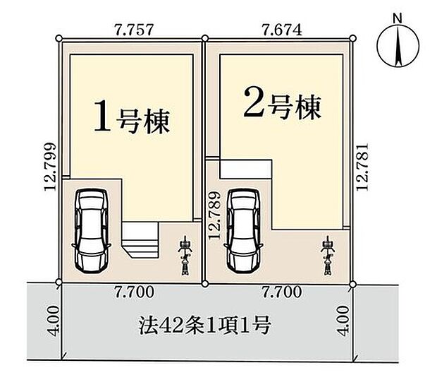 【全体区画図】南前面道路で陽当たり良好！陽だまりの南向き2棟！
カースペース1台分♪自転車を置くスペースもあります♪