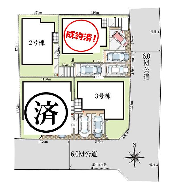 【≪全体区画図≫】駐車2台可能（車種による）！急な来客時や、ご家族の自転車スペースとしても大活躍♪
前面道路が広いので、駐車もラクラクですね！