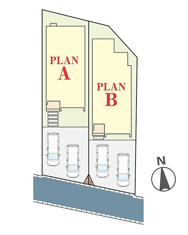 【全体区画図】南道路で陽当たり良好♪
駐車2台可能（車種による）！急な来客時や、ご家族の自転車スペースとしても大活躍♪