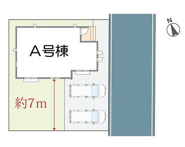 【全体区画図】駐車2台可能（車種による）！急な来客時や、ご家族の自転車スペースとしても大活躍♪
奥行き約7ｍの広々庭付！