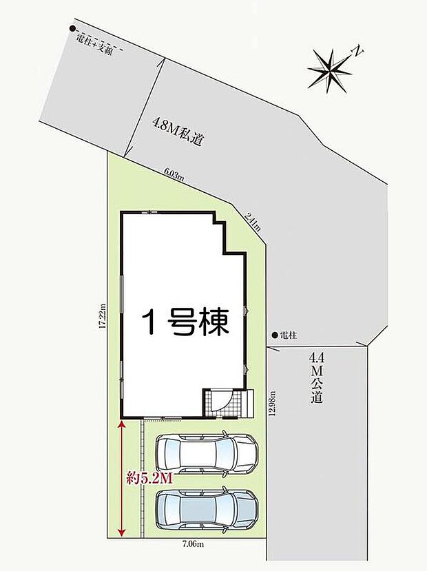 【全体区画図】角地につき陽当たり良好♪
駐車2台可能（車種による）！急な来客時や、ご家族の自転車スペースとしても大活躍♪
