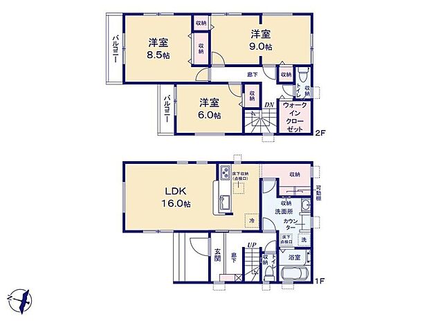 (1号棟)、3LDK、土地面積112.4m2、建物面積110.16m2 