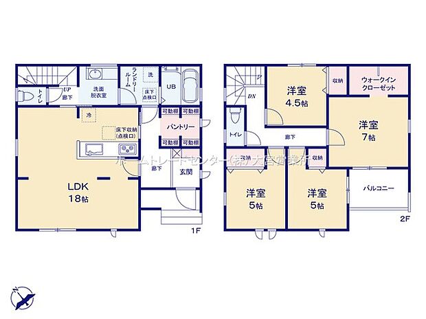 【4LDK】開放的な18帖LDK☆
キッチンを中心に回遊導線ができる快適設計♪
キッチンからも行き来しやすい！玄関ホールに備わる大容量パントリー♪
ご夫婦で使い分けできる大容量WICで空間がすっきり♪