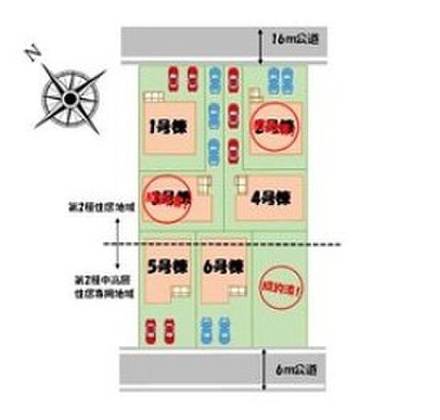 【全体区画図】閑静な住宅地☆前面道路16ｍ♪開放的で駐車もスムーズ