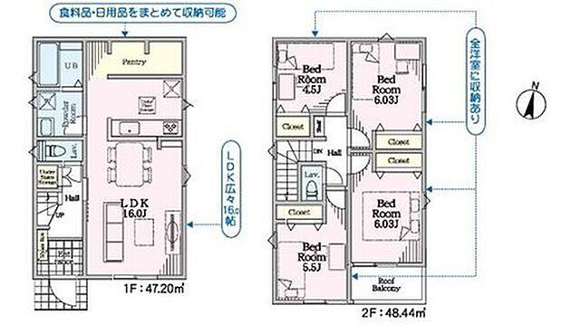 【4LDK】●常備食のストックや家電の収納に役立つパントリー付♪
●水回りが集中しており家事動線の良い間取り♪
●各室収納+階段下収納も完備♪豊富な収納設備で綺麗なお部屋を保てます♪