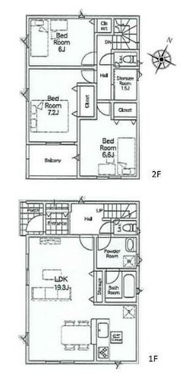 【3LDK】●広々とした１９帖の見通し良いリビング
●効率的でストレスのない家事動線。水回りが集中しており、移動がスムーズです♪
●２階ホールには季節ものなどの収納に便利な1.5帖のストレージルーム♪