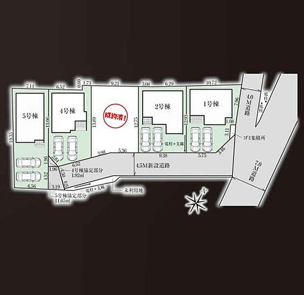 【全体区画図】お車の駐車スペースは並列駐車2台分ご用意しております!住人以外の車の進入も少なく、小さなお子様を持つご家庭にも安心です♪
