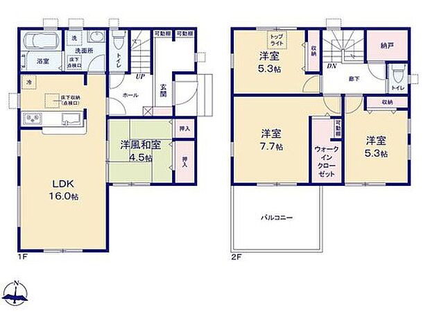 【4LDK】●SIC付きで玄関すっきり♪
●隣り合う和室を開放すれば、広々とした空間になるリビングダイニング
●２階には季節物の収納に便利なストレージルーム