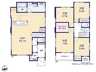 ●家族とのつながりを意識した見通しのいいリビングは会話が弾んでみんなを笑顔にします！●リビング階段ですので自然と家族の集まる憩いの空間♪●WICやSICを完備♪豊富な収納で綺麗なお部屋を保てます♪ 